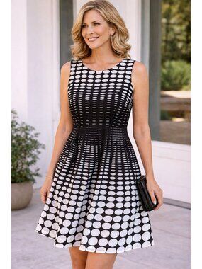 Talbots 10P Black Cream Dot Circle Abstract Print A-Line Dress